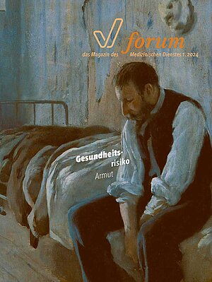 Titelseite des Magazins forum 1/2024: "Mein Zimmer in Paris" (Gemälde des Malers Santiago Rusiñol i Prats) zeigt eine karge Kammer mit einem Bett, auf dem ein Mann mit hängenden Schultern und gesenktem Blick sitzt.