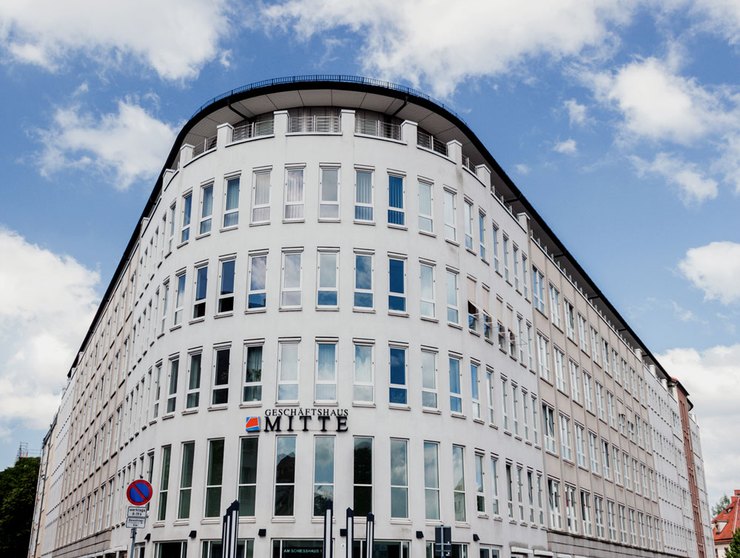 Foto des Geschäftshaus Mitte in Dresden, wo sich die Hauptverwaltung des MDK Sachsen und das BBZ Dresden befinden.